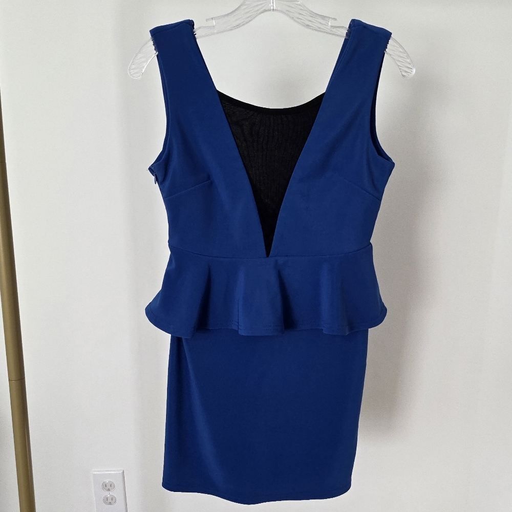 Royal Blue with Sheer Black Mesh Panel Peplum Dress